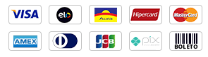 Bandeiras aceitas: Visa, Elo, Aura, Hipercard, Mastercard, Amex, Diners, JCB e Discover, além de Pix e boleto