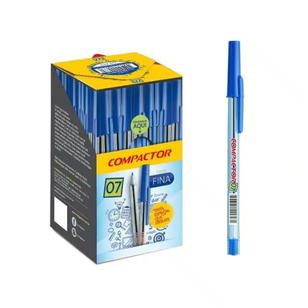 Caneta esferográfica Compactor, ponta fina 0.7mm, azul - caixa com 50 unidades