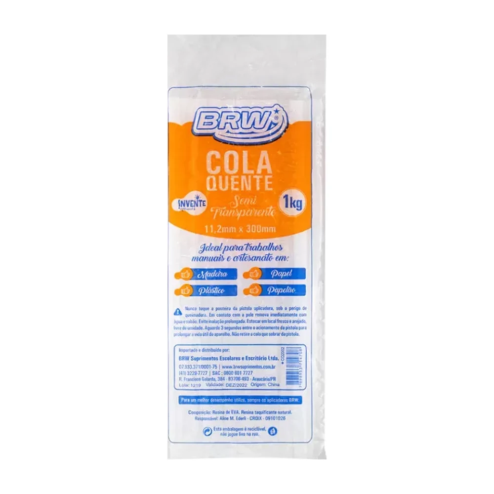Bastão de cola quente semi transparente grosso 11,2 x 300 mm (pacote com 6)