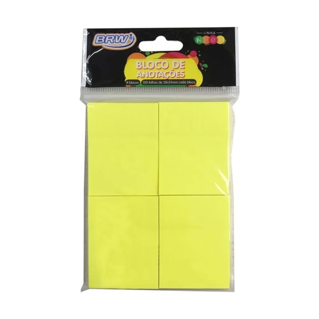 Bloco adesivo Smart Notes BRW 38x51 mm amarelo Neon (4 blocos de 100 folhas)