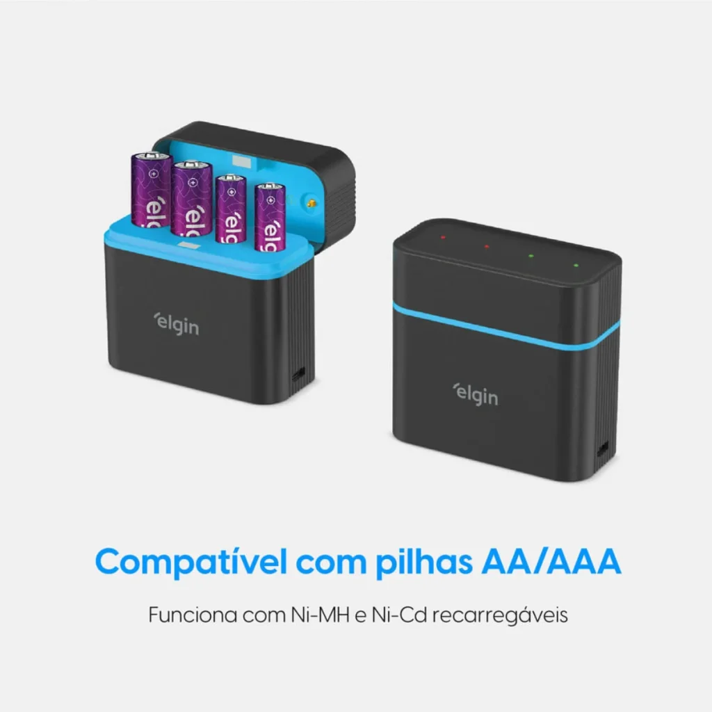 Carregador de pilhas Elgin USB-c 4 pilhas AA e AAA com 2 AA e 2 AAA 46RSCUSBCX04