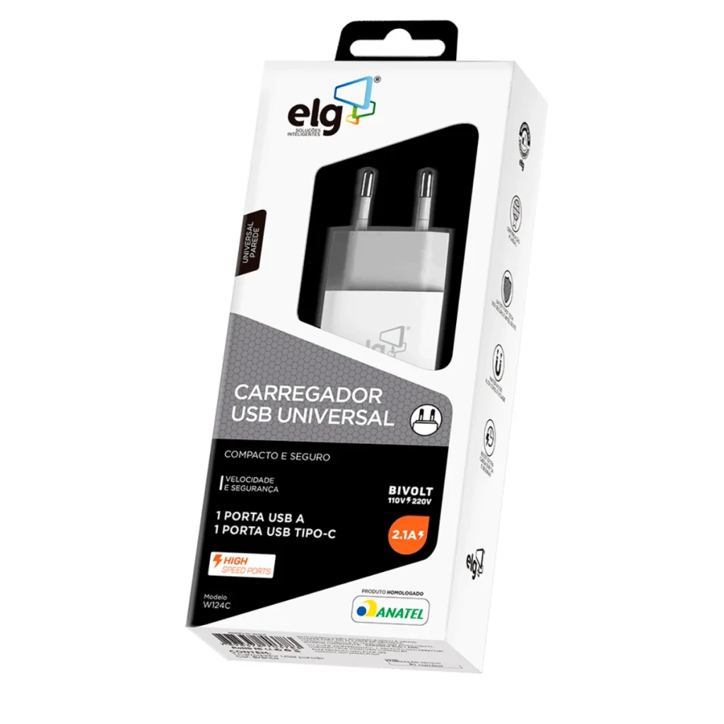 Carregador de parede ELG W124C com USB-c e USB-a 2,1 a Bivolt