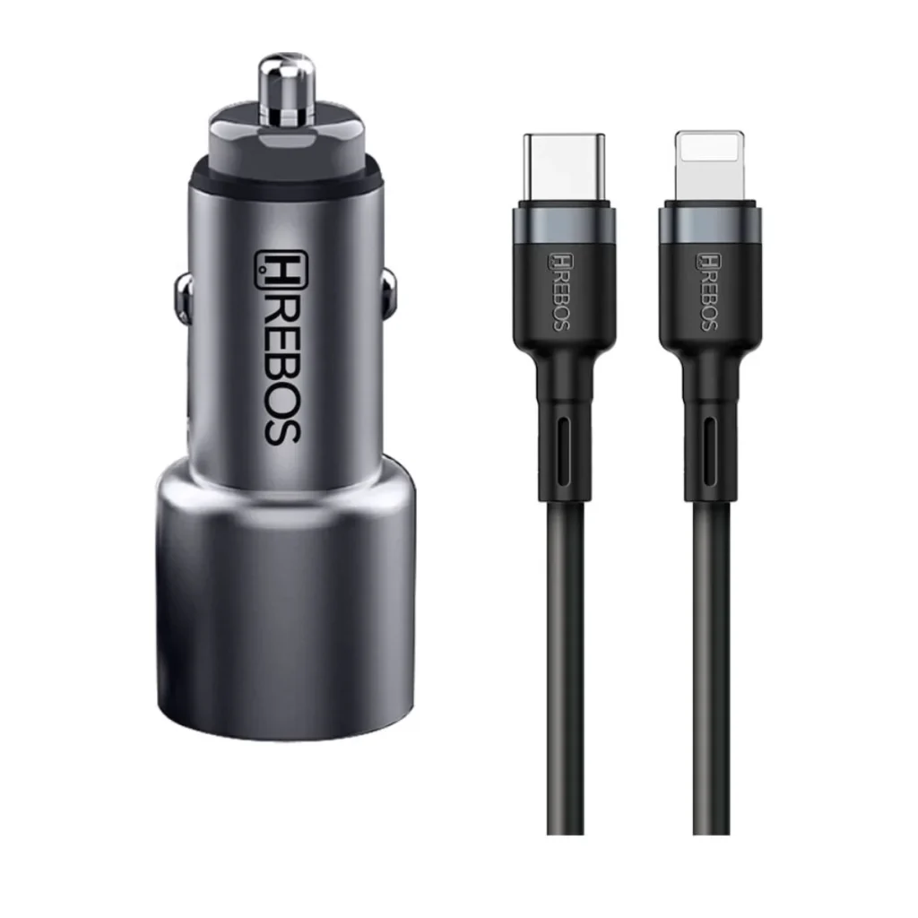 Carregador veicular hrebos CRV-203CI 60 w duas USB-c com cabo cinza