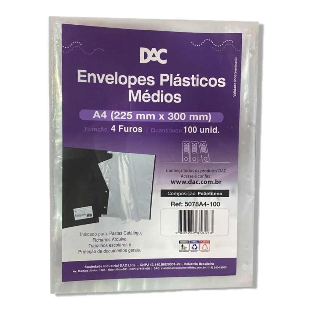 Envelope plástico 4 furos A4 espessura média DAC 078