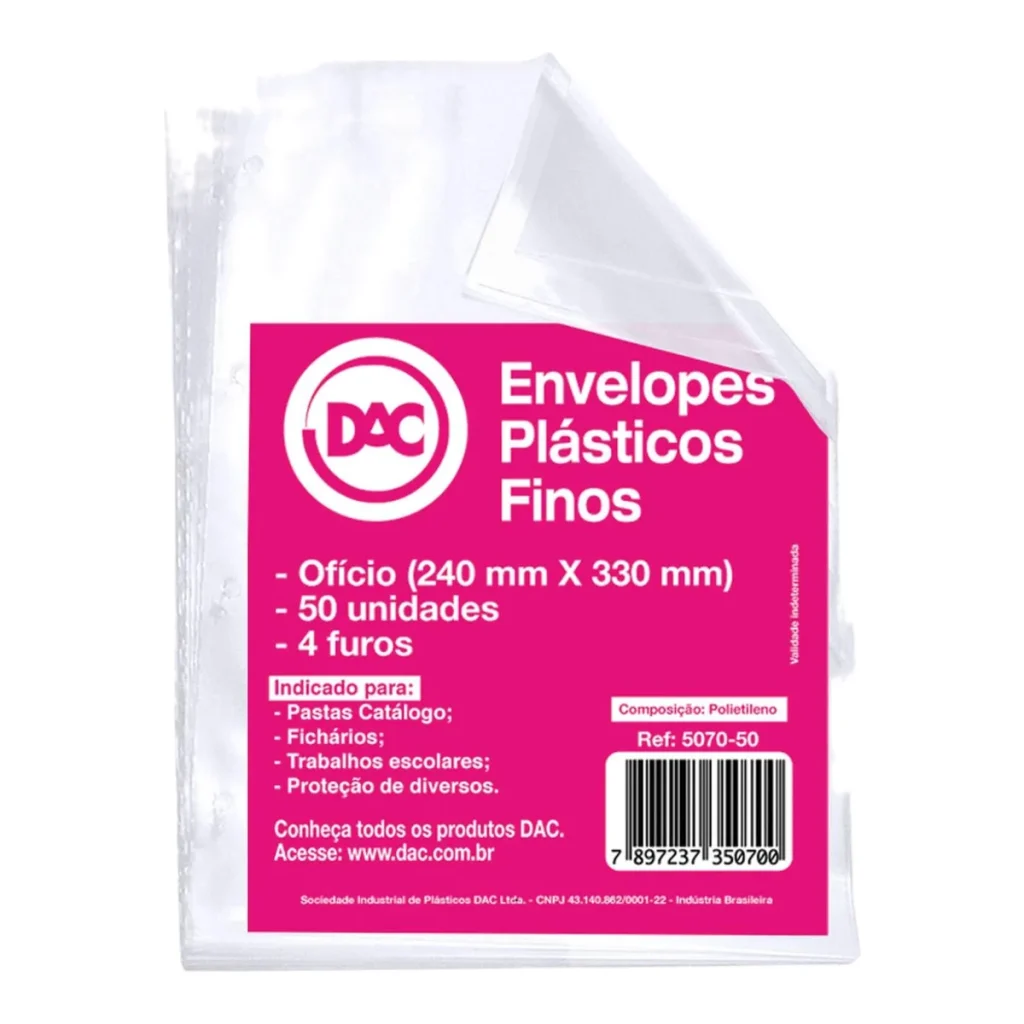 Envelope plástico Fino 4 furos DAC 5070 Blister com 50
