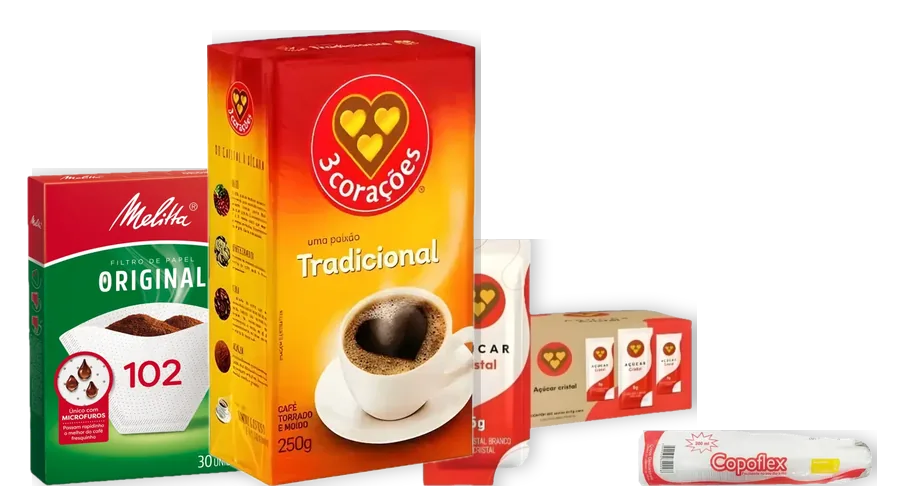 Filtro de papel Melitta, café 3 Corações, açúcar em sachê e copo descartável