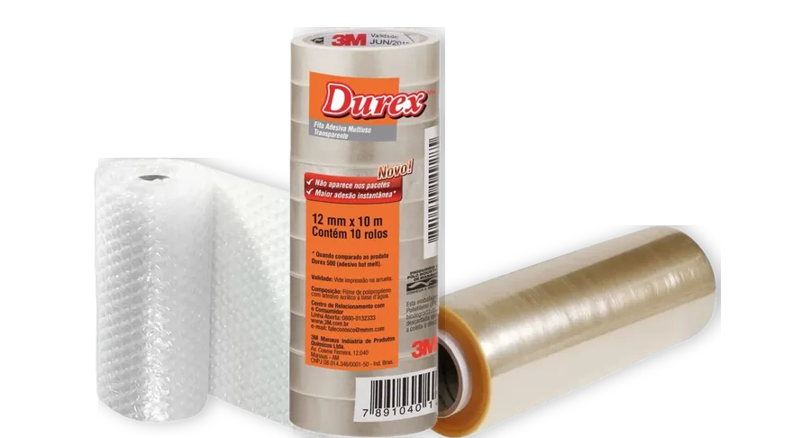 Plástico bolha, fita Durex e filme stretch