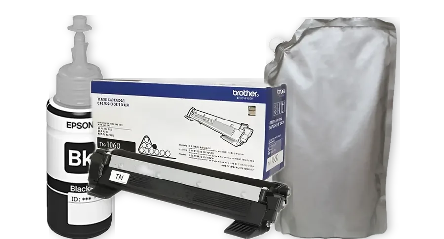 Garrafa de tinta Epson, toner Brother TN-1060 original e refil de toner