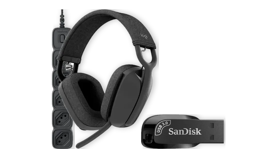 Filtro de linha, headset Logitech e pendrive SanDisk