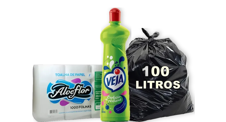 Papel toalha Alveflor, multiuso Veja e saco de lixo de 100 litros