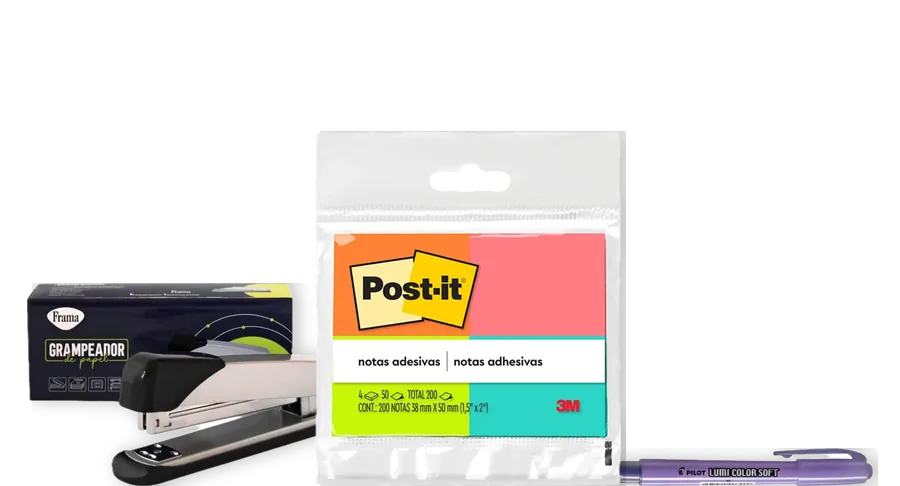 Grampeador, bloco Post-it e marca-texto