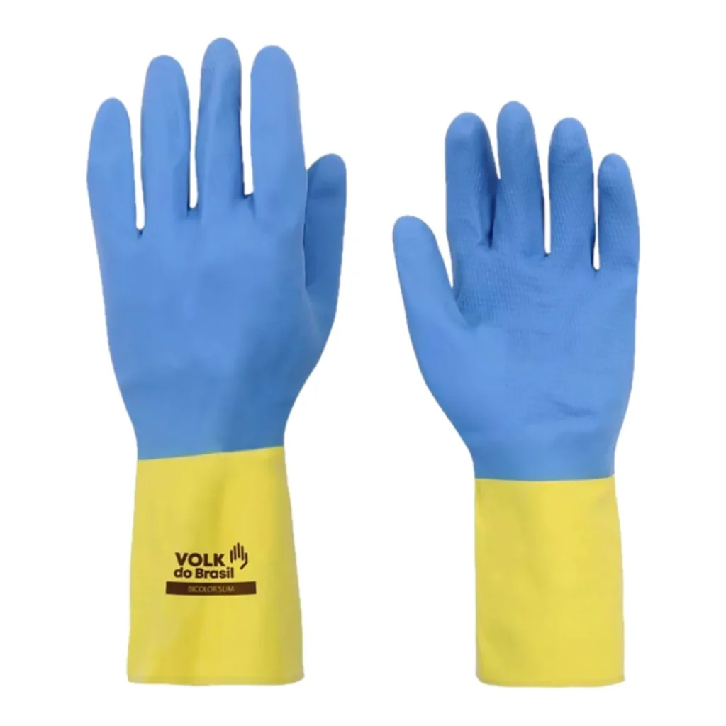 Luva de látex volk bicolor slim amarela e azul tamanho m