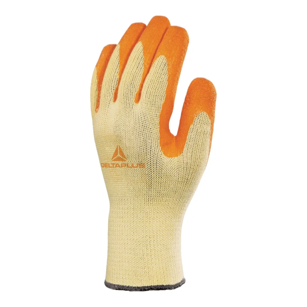 Luva tricotada delta Plus VE730 palma de látex enrugado amarela e laranja