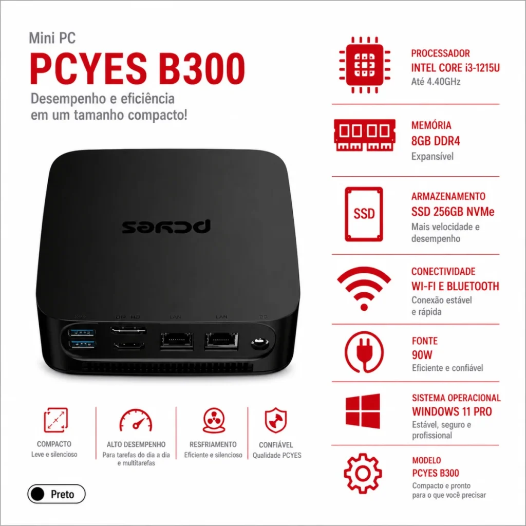 Mini PC pcyes B300 core i3-1215U 8GB SSD 256GB nvme windows 11 Pro