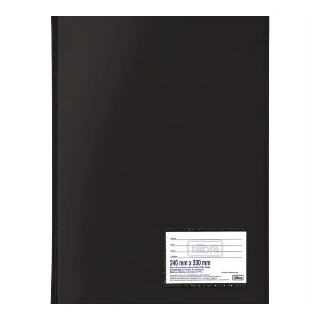 Pasta catálogo Tilibra preta fina com 50 envelopes