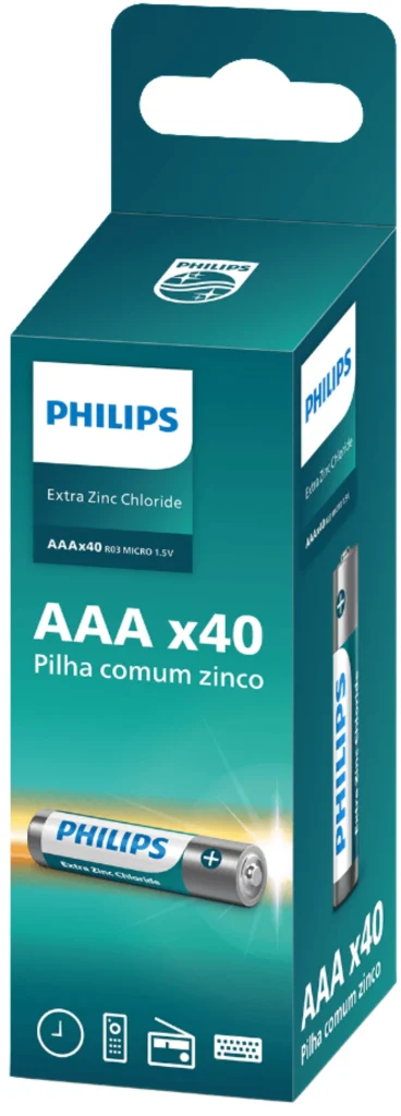 Pilha Philips zinco AAA 1,5V pack com 40 unidades