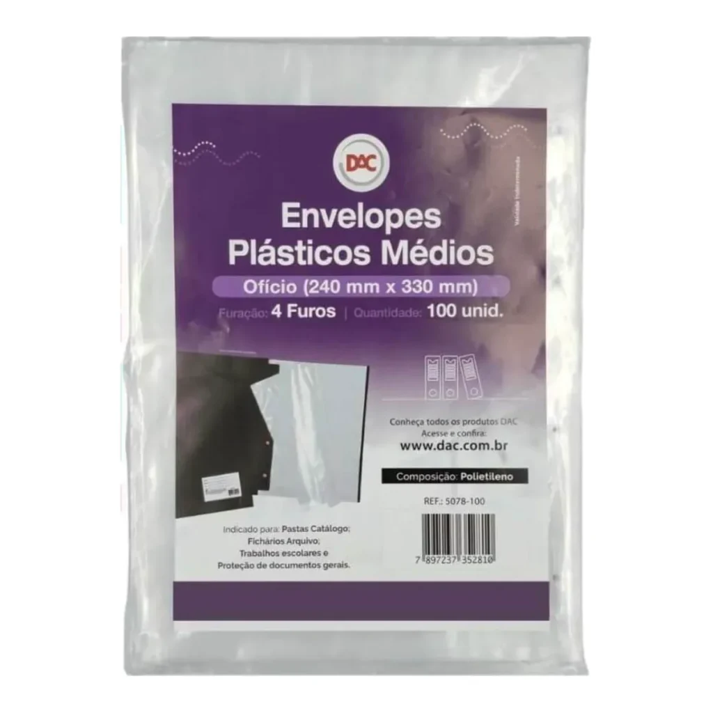 Saco plástico 4 furos médio A4 DAC, Blister com 100